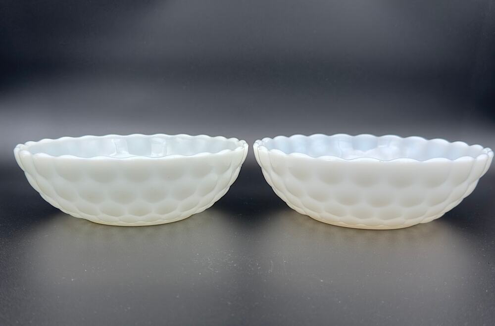 Vintage Anchor Hocking Bubble Milk Glass Bowls Set of 2, Scalloped 7.5"